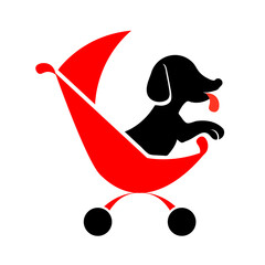Dog sitter logo black red silhouette on white background for highlight. Walking pet in carriage icon vector isolated element. Zoo transportation glyph illustration. Funny animal care business concept