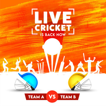 Cricketer Attire Helmets of Participants Team A & B with Silhouette Trophy Cup and Players on White and Orange Brush Stroke Texture Background.
