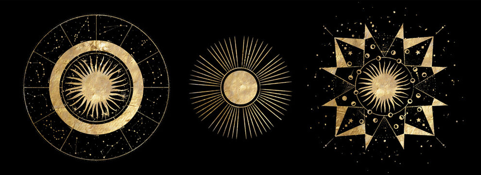 chic golden luxurious retro vintage engraving style. image of the sun and moon phases. culture of occultism. Vector graphics