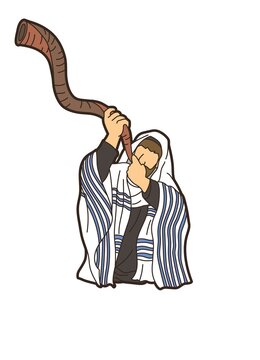 man blowing shofar, white tallit clip art preview