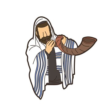 man blowing shofar, white robe, cartoon style clip art preview