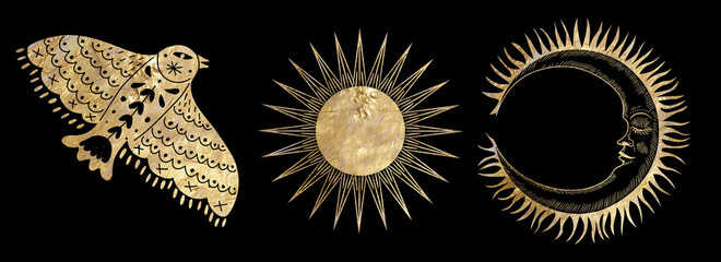 chic golden luxurious retro vintage engraving style. image of the sun and moon phases. culture of occultism. Vector graphics - obrazy, fototapety, plakaty