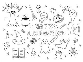 Halloween set. Doodle camping elements. Vector illustration.