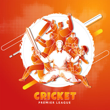Paper Cut Style Cricket Player Team in Different Poses on Gradient Orange Halftone Background.