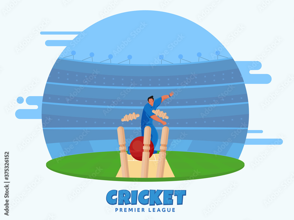 Poster bowler player throwing ball hit wickets on stadium view background for cricket premier league.