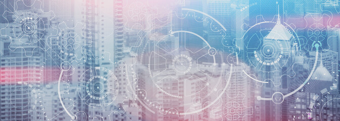 Business technology concept. Cogwheel Gears Mechanism with modern city view. Website panoramic header background.