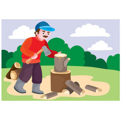 a man in a red sweater pricks a stump on the firewood with an ax, picnic, raota around the house, cartoon illustration, vector,