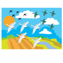 in autumn, birds fly to warm lands, schools, cartoon illustration, vector,