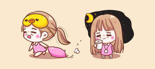 Young lady go to sleep with sleepiness and tiredness on good night background with sleepy concept.