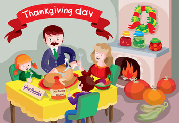 family, during a thanksgiving, gathered at one table and celebrates, behind the fireplace with fire, pumpkins lie around it, cartoon illustration, vector,
