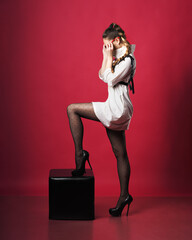 Brunette model at skirt posing at the red background