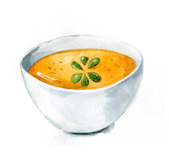 Vegetarian dinner. Homemade food. Watercolor illustration with yellow pumpkin soup watercolour. - 375326976
