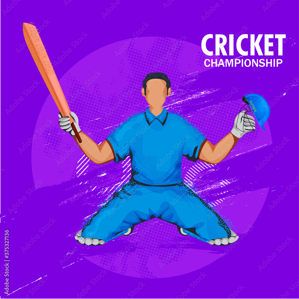 Sticker Cricket Championship Poster Design with Noise Effect Faceless Batsman Character in Winning Pose on Purple Halftone Background.