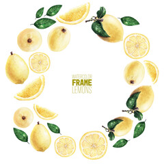 Watercolor frame with ripe yellow lemons