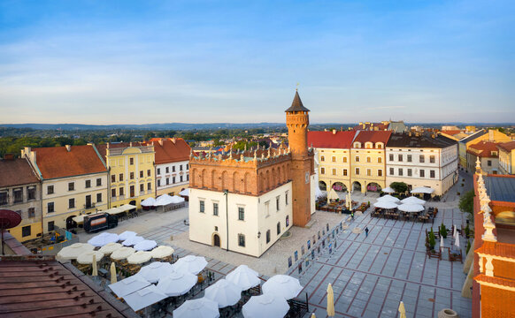 Tarnow, Poland. Aerial view of Rynek square and building of historic Town Hall