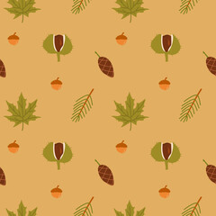 Autumn forest vector seamless pattern. Seasonal berries, acorns, chestnut, fir cone, green leaves texture. Foliage background. Creative textile, wallpaper, wrapping paper design. Vector illustration.