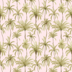 Watercolor seamless pattern with tropical palm trees. Coconut  palm. Gently green background with wildlife jungle elements. Aesthetic vintage wallpaper, wrapping - 375328903