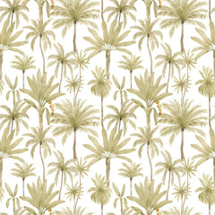 Watercolor seamless pattern with tropical palm trees. Coconut and banana palm. Gently green background with wildlife jungle elements. Aesthetic vintage wallpaper, wrapping