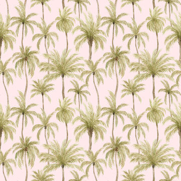 Watercolor seamless pattern with tropical palm trees. Coconut palm. Gently green background with wildlife jungle elements. Aesthetic vintage wallpaper, wrapping © Kate K.
