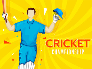 Cartoon Batsman Player in Winning Pose on Yellow Rays Background for Cricket Championship Concept.