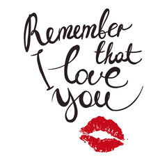 Vector fashion sketch. Hand drawn graphic glossy and shine remember that I love you and lips imprint. Glamour fashion seamless pattern in vogue style. Isolated elements on white background