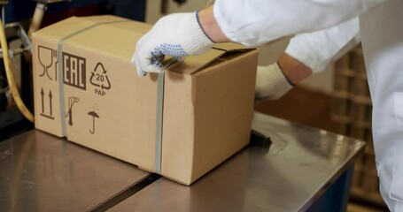 Manufacture of food products, working the packer closes and packs the cardboard box with the finished product.