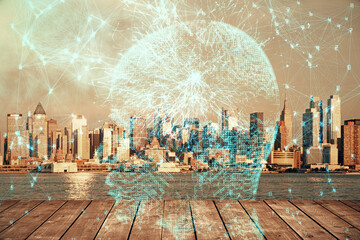 Brain hologram drawing on cityscape background multi exposure. Ai in modern city concept.