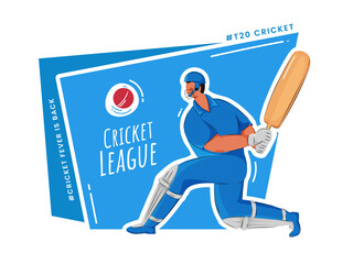 T20 Cricket League Poster Design with Cartoon Batsman Character in Playing Pose on Blue and White Background.