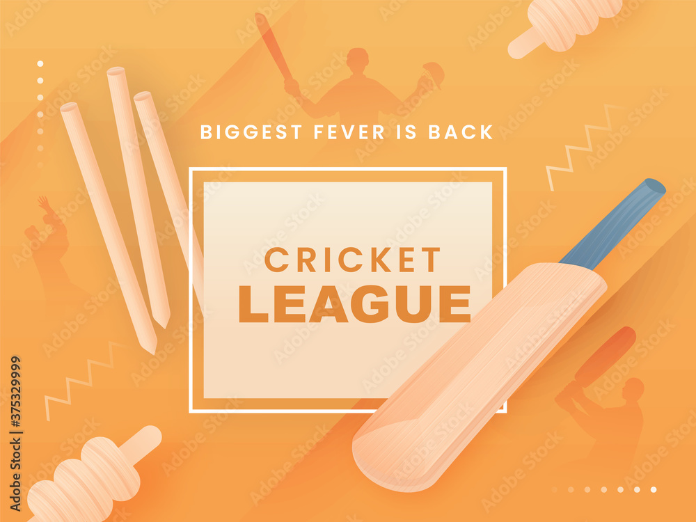 Poster cricket league biggest fever is back text with realistic bat, wicket stump and silhouette players on