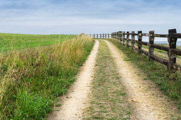 Fototapeta na wymiar Path near the Cantabrian Sea between a fence of wooden planks and green meadows with cloudy sky.