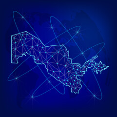 Global logistics network concept. Communications network map of Uzbekistan on the world background. Map of Uzbekistan with nodes in polygonal style. EPS10. 