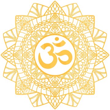 Vector illustration of golden ohm symbol. Aum, om, ohm  symbol in decorative frame on white background isolated. Mandala, yoga, meditation.
