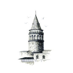 Obraz premium Galata Tower in İstanbul. Watercolor illustration. Black on white. 