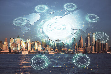 Double exposure of social network theme drawing and cityscape background. Concept of people connecton.