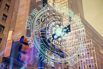 Data theme hologram drawing on city view with skyscrapers background multi exposure. Bigdata concept.
