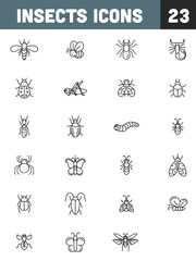 Black Line Art Insect 23 Icons on White Background.