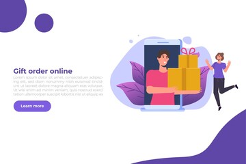 Gift order online, Online shopping,  E commerce concept. People buy gifts. Vector illustration