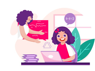 Cheerful Girl Interacting on Video Call with Female Teacher at Home for Online Education Concept. Can Be Used As Poster Design.