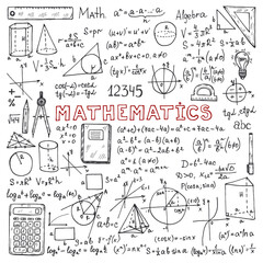 Set with hand drawn mathematics formules and other elemets. Science collection. Vector doodlle illustration