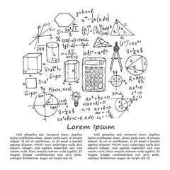 Illustration with hand drawn mathematics formules and other elemets. Science collection. Vector.