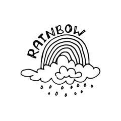 Rainbow with cloud and rain. Cute hand drawn weather icon. Doodle vector collection