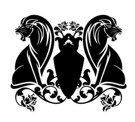 two roaring lions sitting by heraldic shield among rose flowers - antique style coat of arms black and white vector design