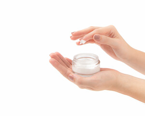 Young woman holding lotion and applying with fingers. Luxury cosmetic. Close-up front view copy...