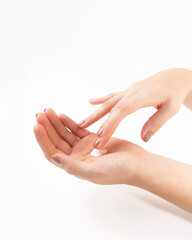 Woman hands applying cream. Medical or beauty treatment