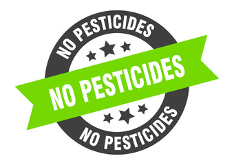 no pesticides sign. round ribbon sticker. isolated tag