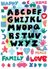 Kids alphabet poster for nursery or children's room. Hand drawn graphic alphabet type composition with cute colored minimalistic scandinavian cartoon elements on artistic watercolor background.