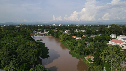 Fototapeta na wymiar Drone aerial view of Northern Thailand's city Chiang Mai, the so called 