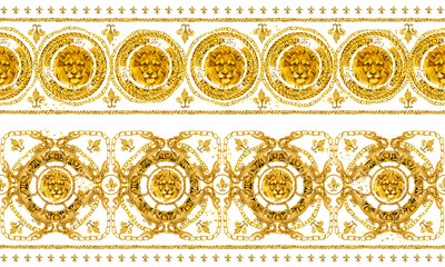 golden damask seamless pattern. Watercolor baroque vintage gold lace ornament. luxury textile print with lion
