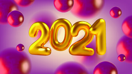 Happy New Year. 3D Realistic golden inscription balloon 2021. Abstract illustration with pink and red spheres. Golden metallic text for banner design. Vector illustration