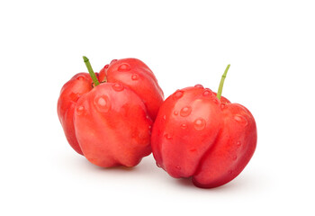 Organic acerola cherry with water droplets  isolated on white background. Clipping path.